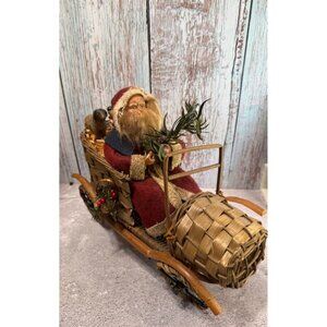 Bethany Lowe Santa Claus Figurine Woven Sleigh With Toys Red/Beige Wool/Wicker 1